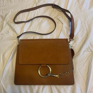 Tan and gold crossbody purse
